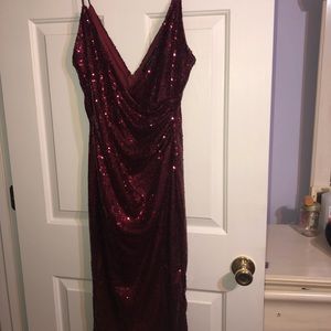 Tight mini red sequin dress w/ a split